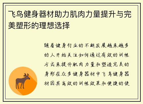 飞鸟健身器材助力肌肉力量提升与完美塑形的理想选择