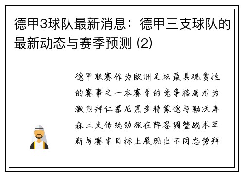 德甲3球队最新消息：德甲三支球队的最新动态与赛季预测 (2)