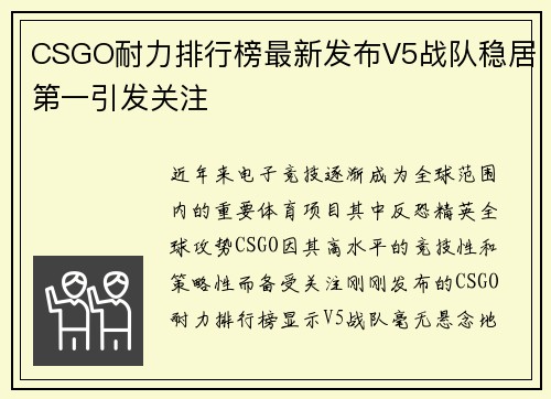CSGO耐力排行榜最新发布V5战队稳居第一引发关注