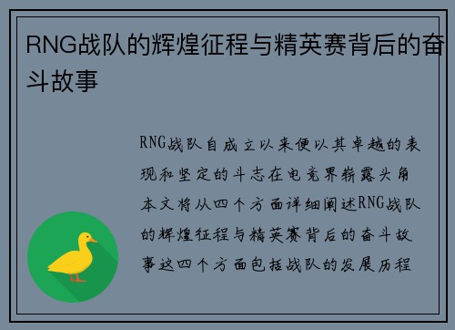 RNG战队的辉煌征程与精英赛背后的奋斗故事