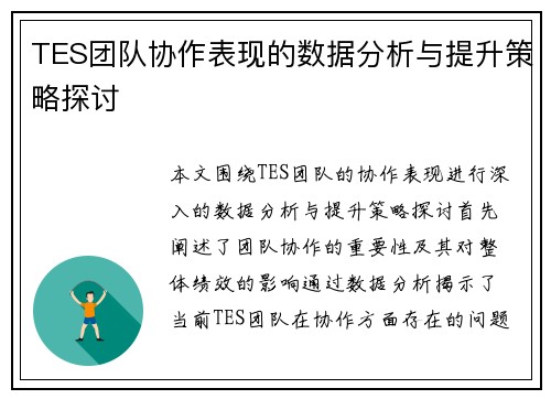 TES团队协作表现的数据分析与提升策略探讨