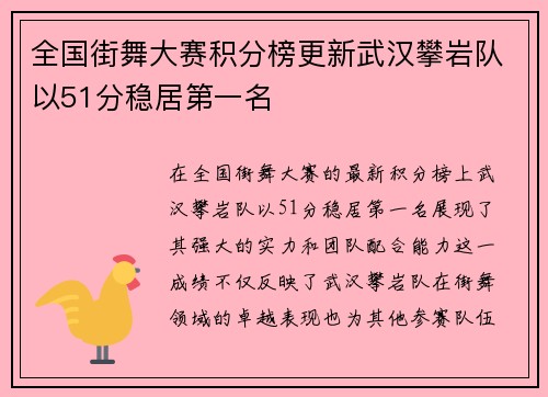 全国街舞大赛积分榜更新武汉攀岩队以51分稳居第一名